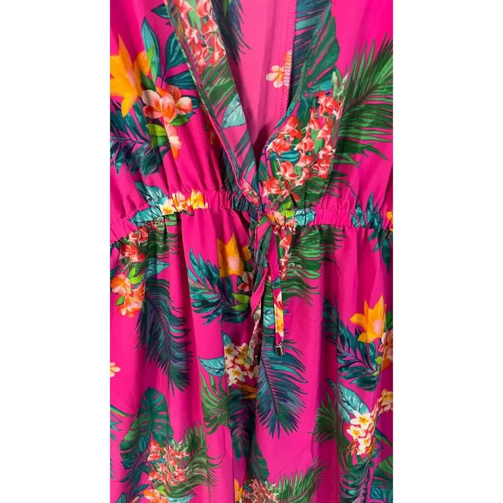 Belle Kim Gravel Cover Up Womens Medium/Large Pink Tropical Short Sleeve Boho